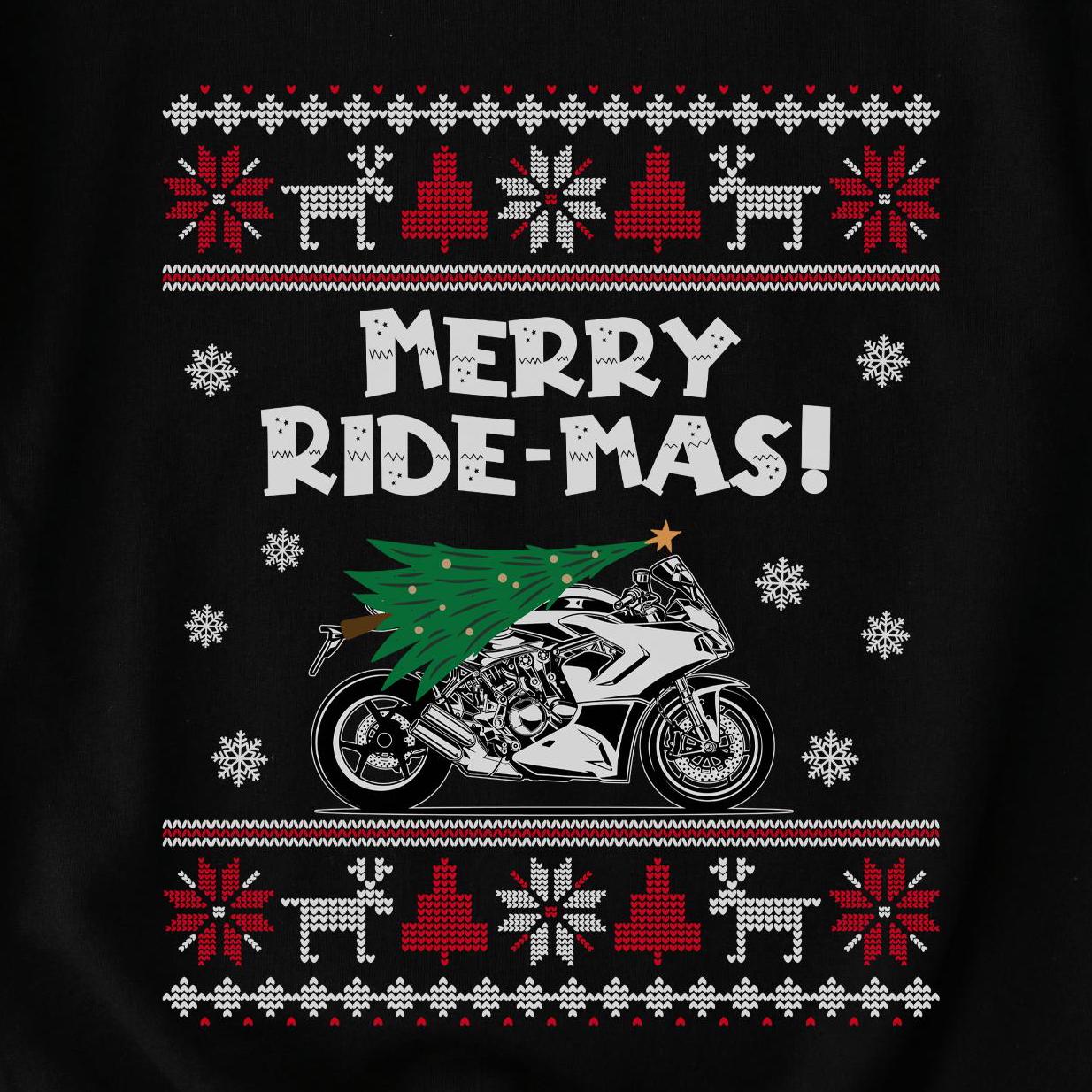 Merry Ride-mas Sportbike Christmas Sweatshirt design close-up