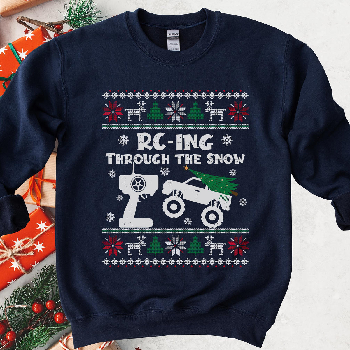 RC-ing Through the Snow Monster Truck Christmas Sweatshirt - Navy
