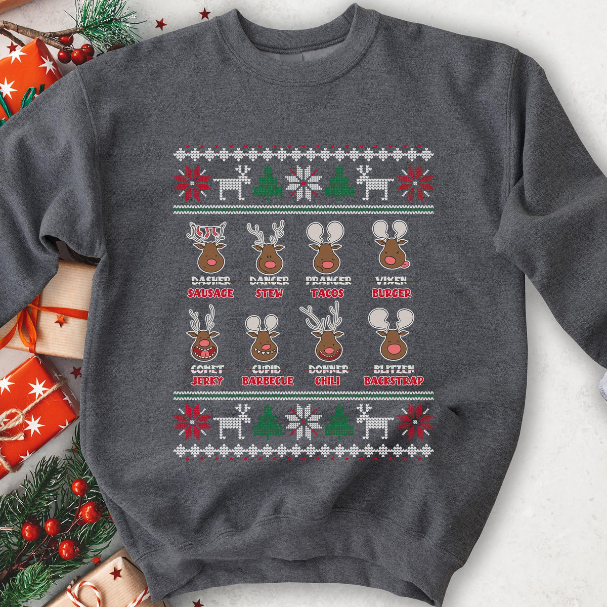Reindeer Menu Deer Hunting Christmas Sweatshirt - Charcoal
