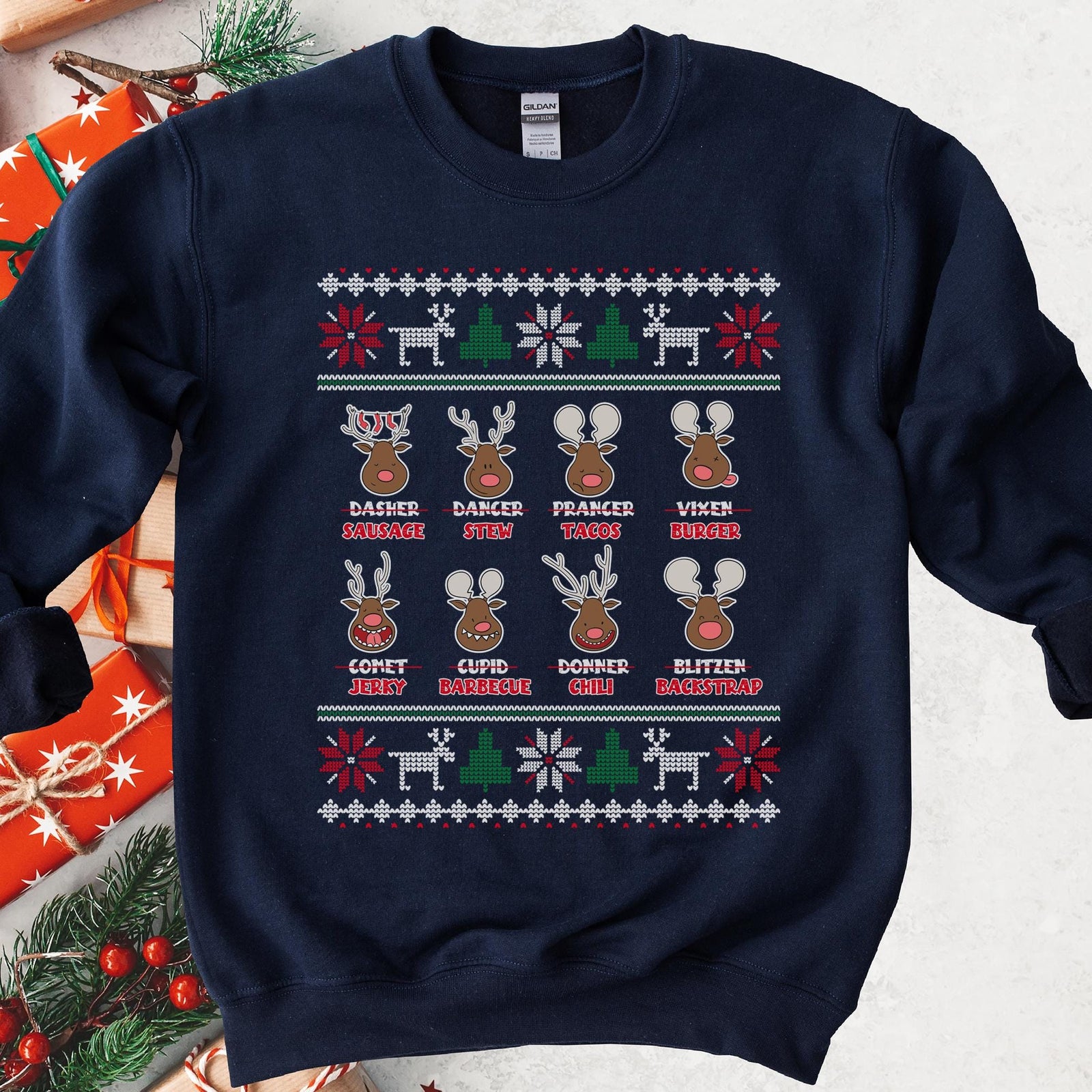 Reindeer Menu Deer Hunting Christmas Sweatshirt - Navy