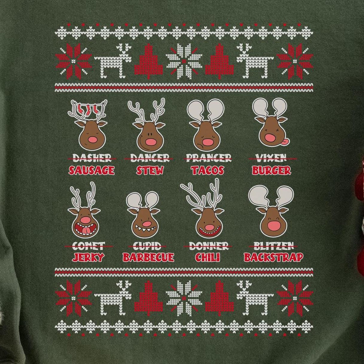 Reindeer Menu Deer Hunting Christmas Sweatshirt design close-up