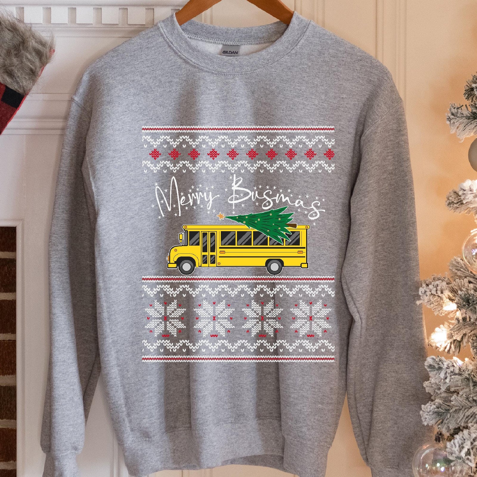 Merry Busmas School Bus Christmas Sweatshirt - Sport Grey