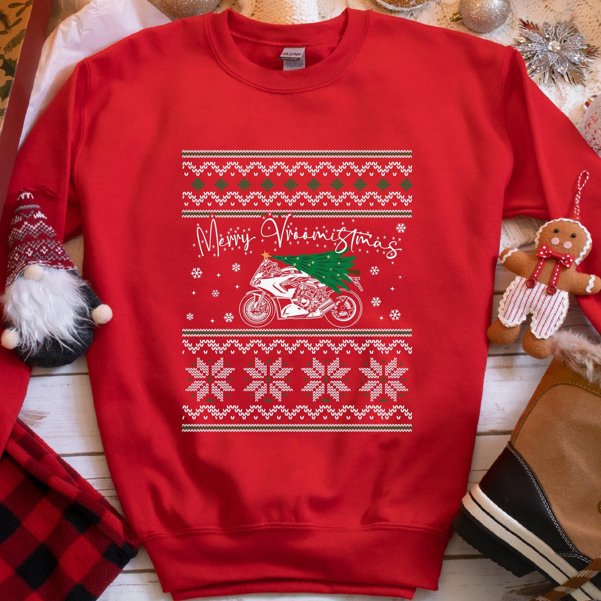 Merry Vroomistmas Sportbike Christmas Sweatshirt - Red