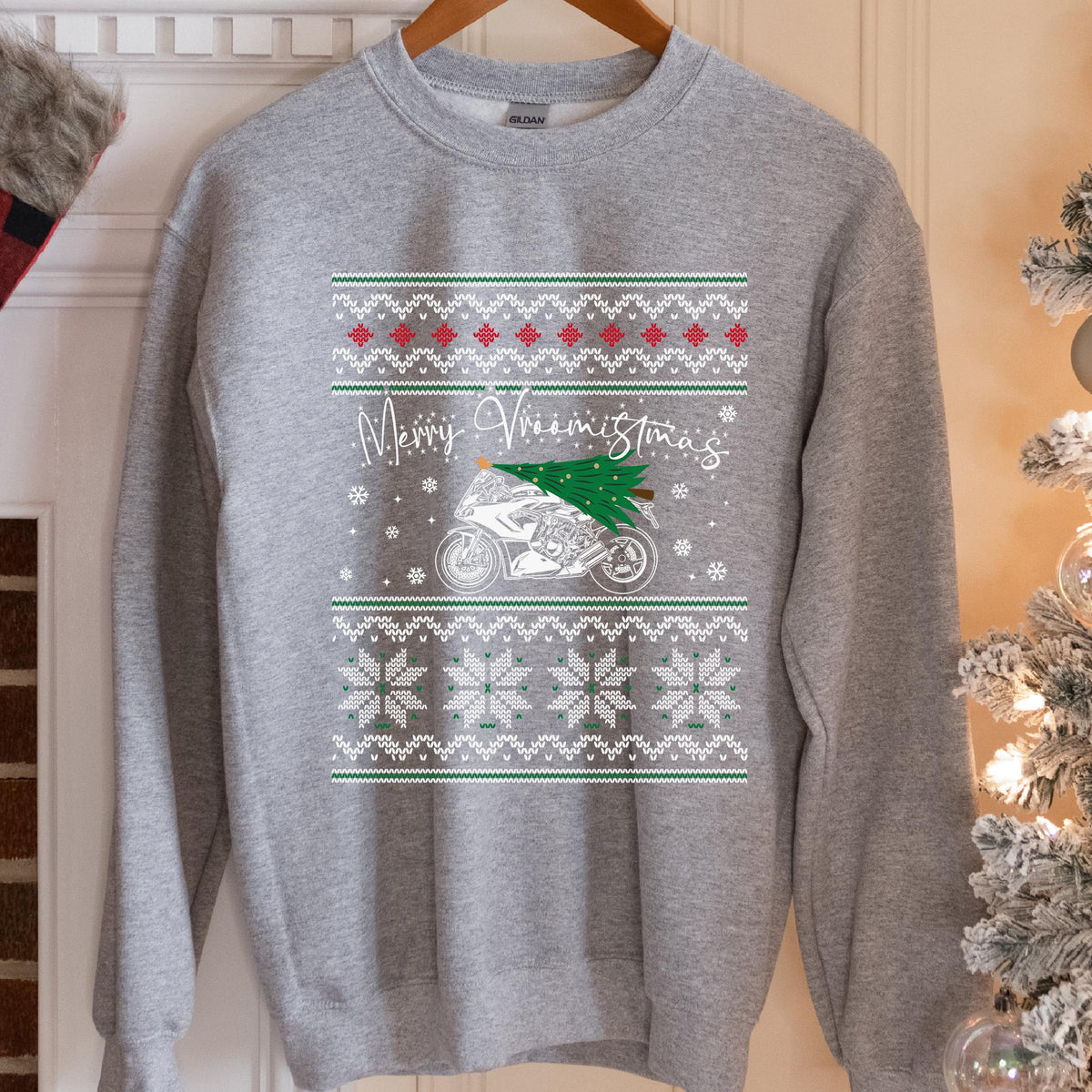 Merry Vroomistmas Sportbike Christmas Sweatshirt - Sport Grey
