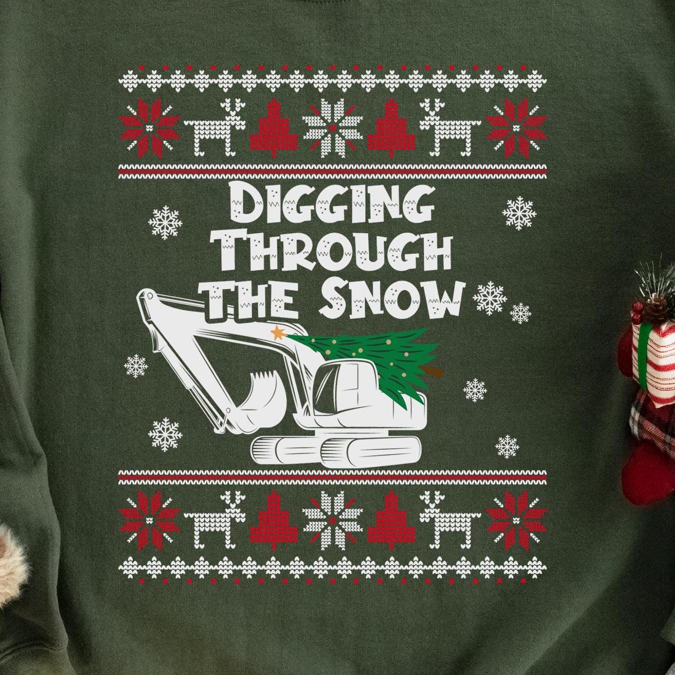 Digging Through the Snow Excavator Christmas Sweatshirt - Military Green