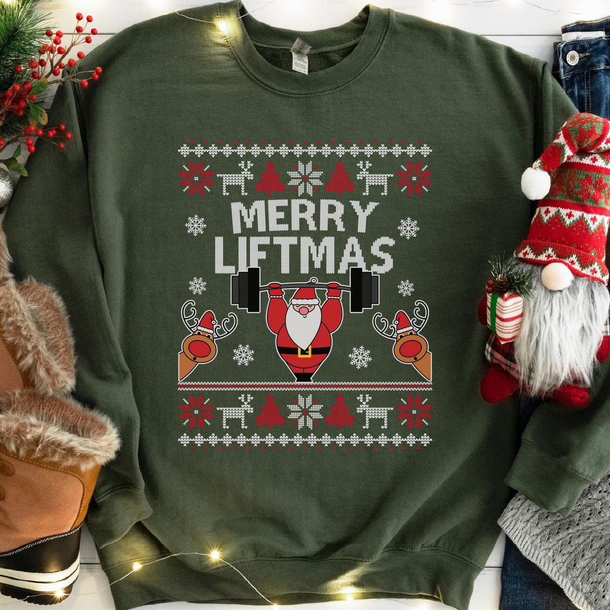 Merry Liftmas Santa Christmas Sweatshirt - Military Green