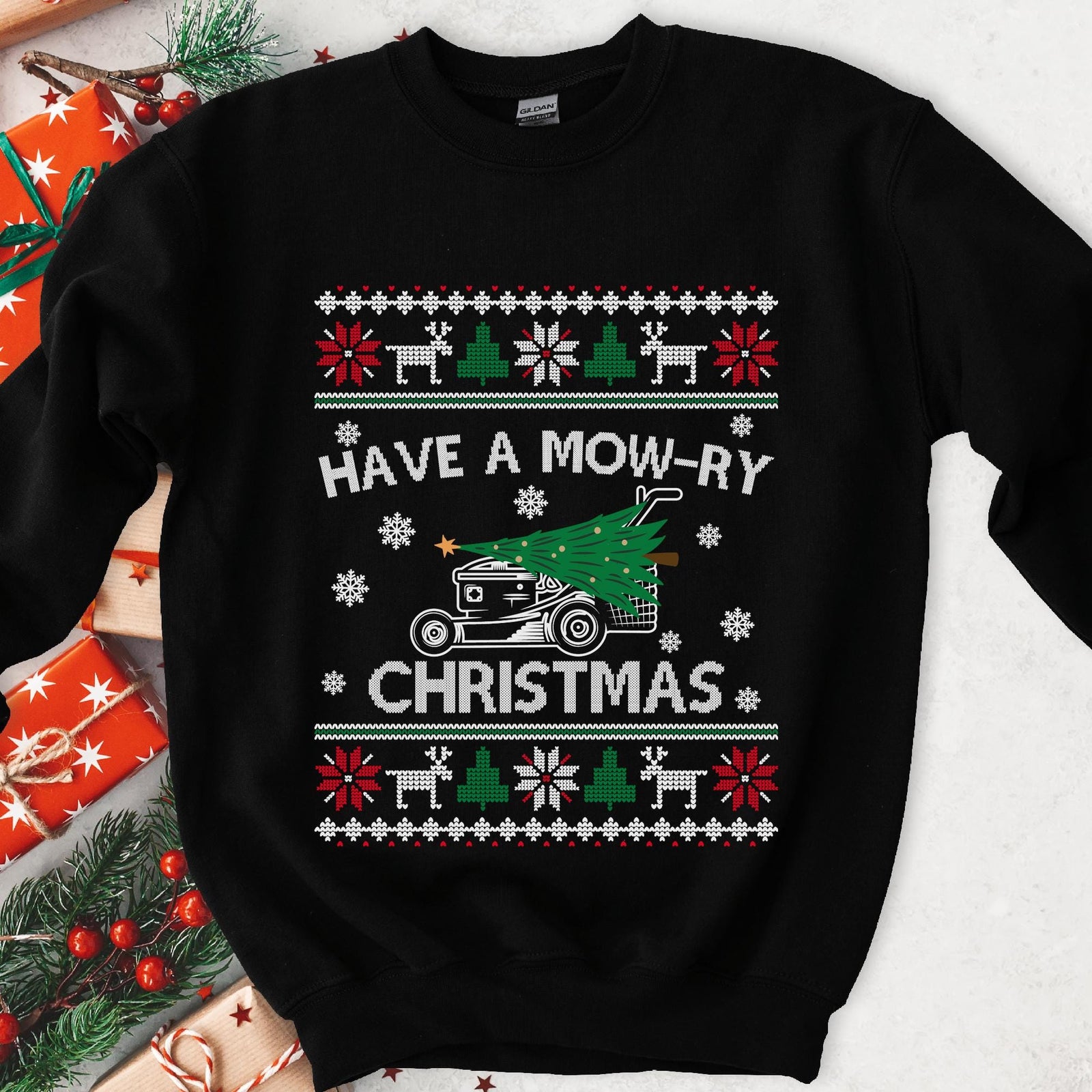 Dark Christmas sweatshirt with a lawn mower carrying a tree, HAVE A MOW-RY CHRISTMAS, ugly sweater knit borders