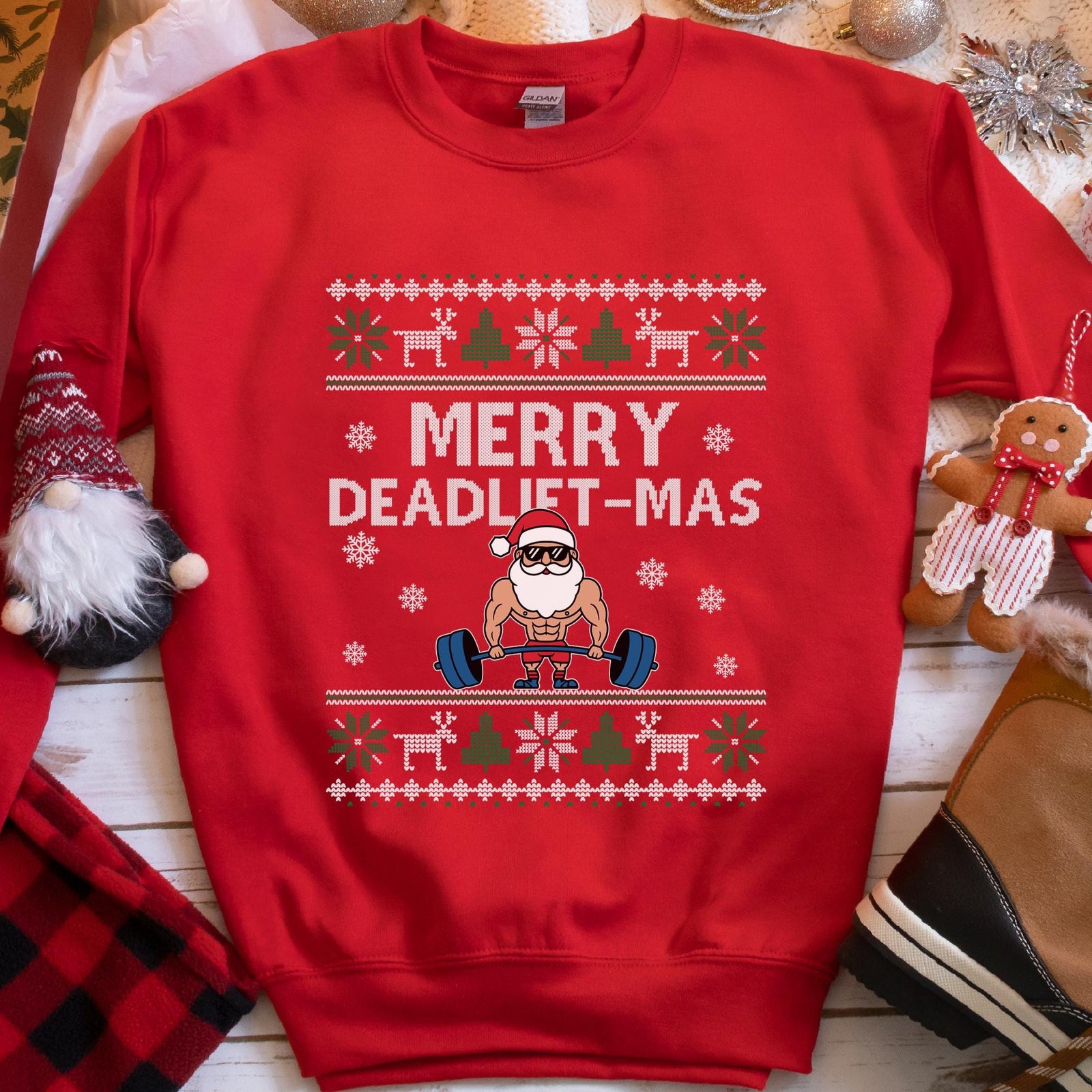 Merry Deadlift-Mas Santa Christmas Sweatshirt - Red