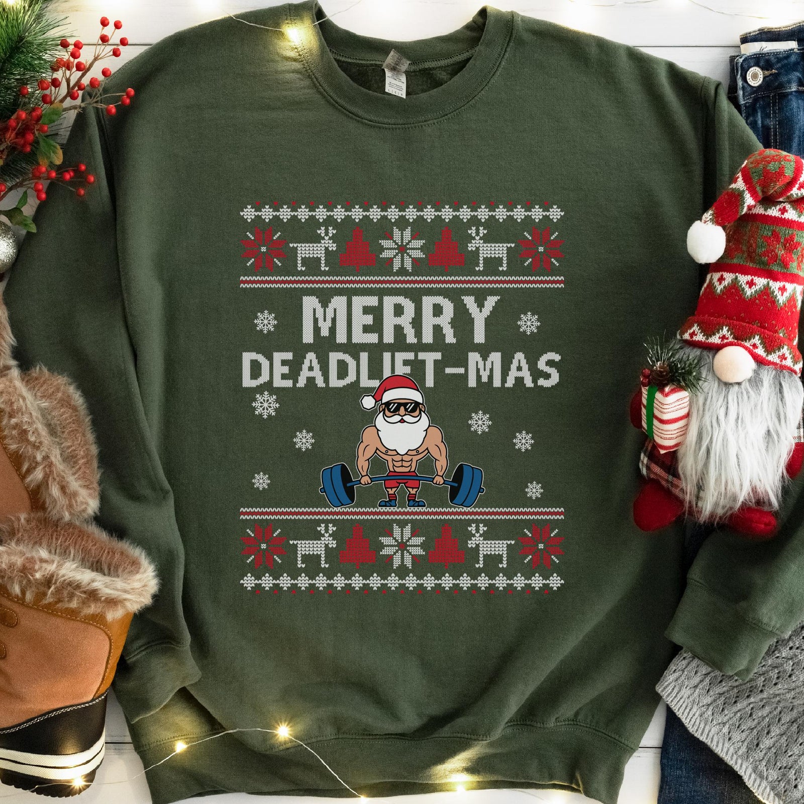 Merry Deadlift-Mas Santa Christmas Sweatshirt - Military Green