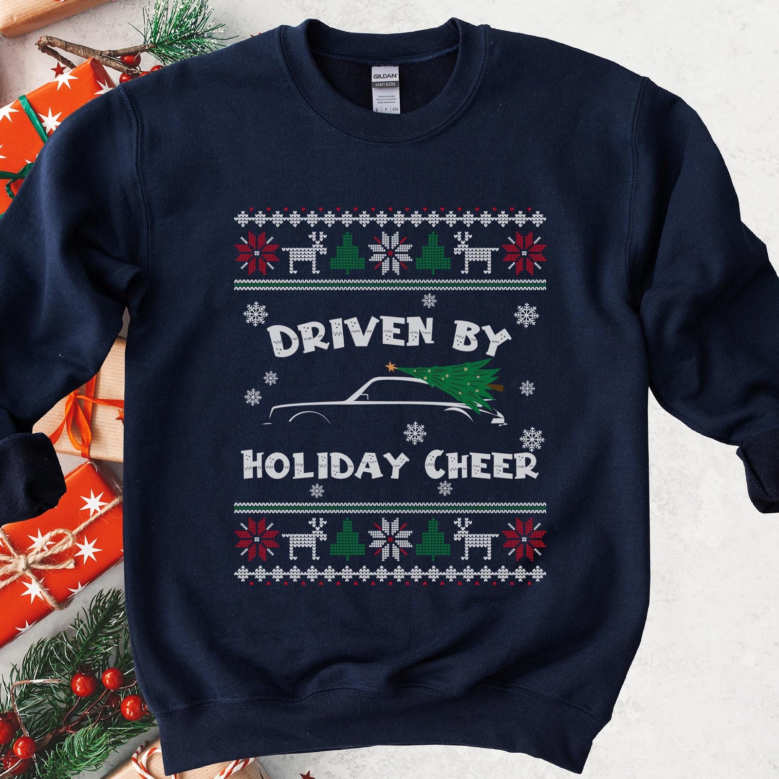 Driven by Holiday Cheer Sports Car Christmas Sweatshirt - Navy