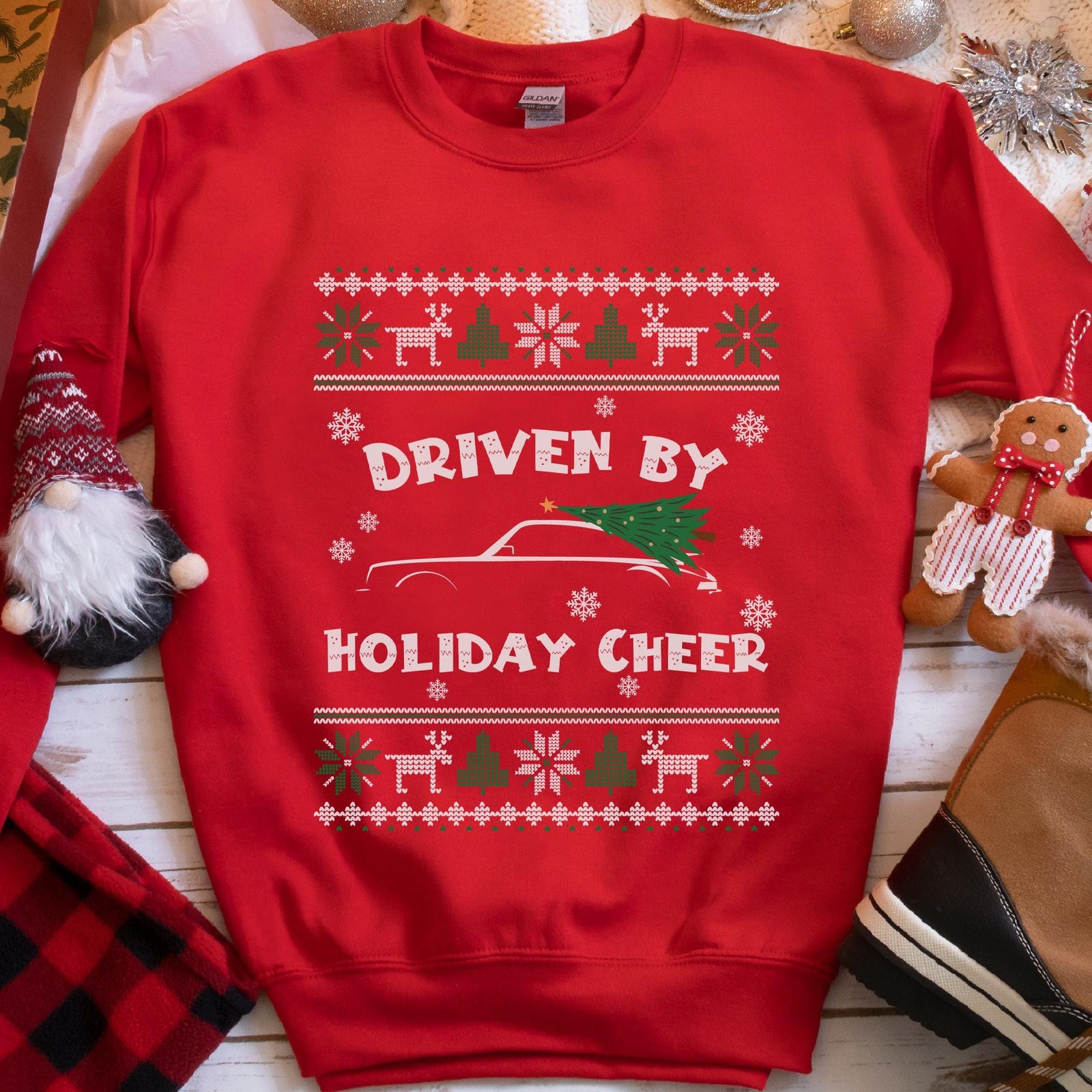 Driven by Holiday Cheer Sports Car Christmas Sweatshirt - Red