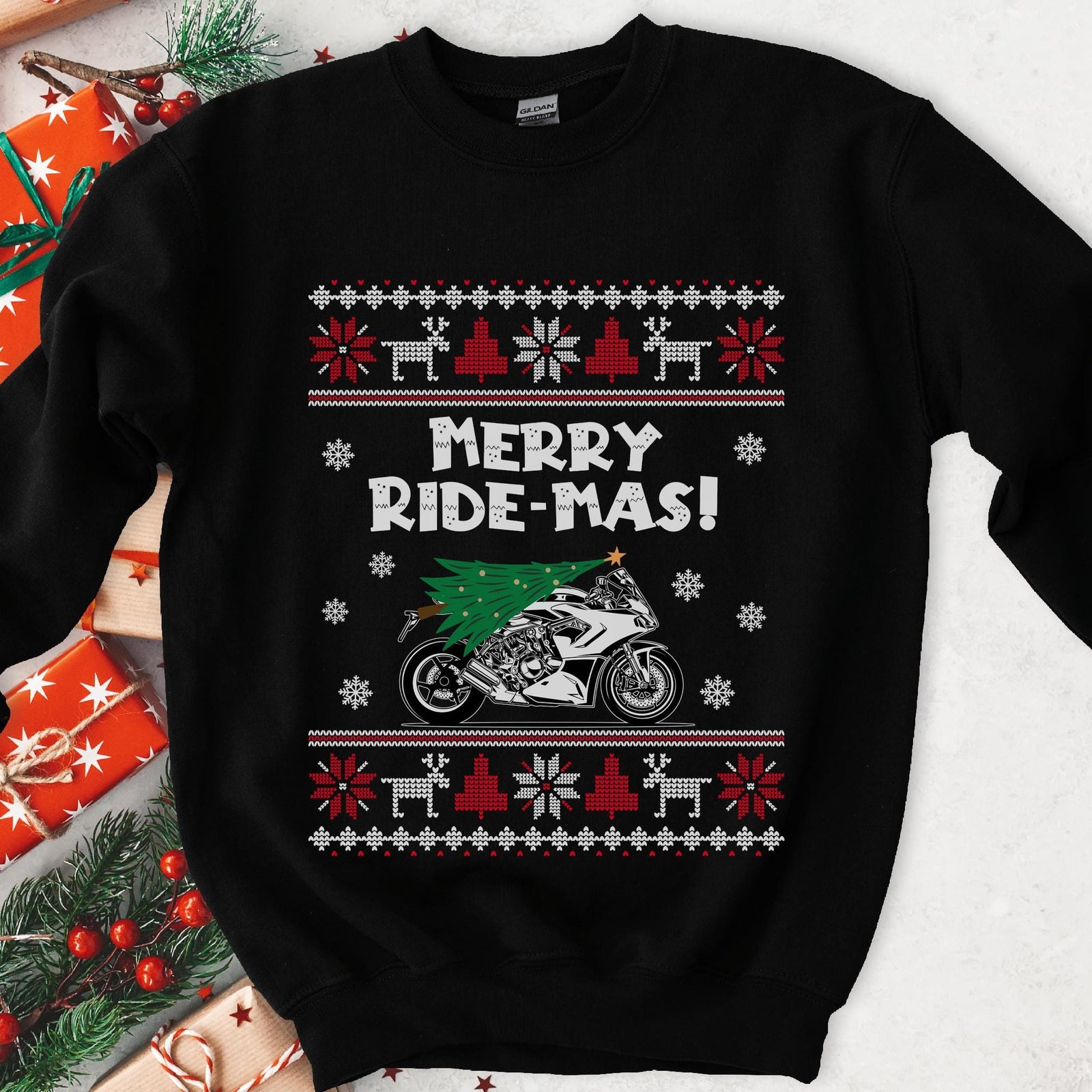 Dark Christmas sweatshirt with a sportbike carrying a Christmas tree, MERRY RIDE-MAS, red and white knit borders