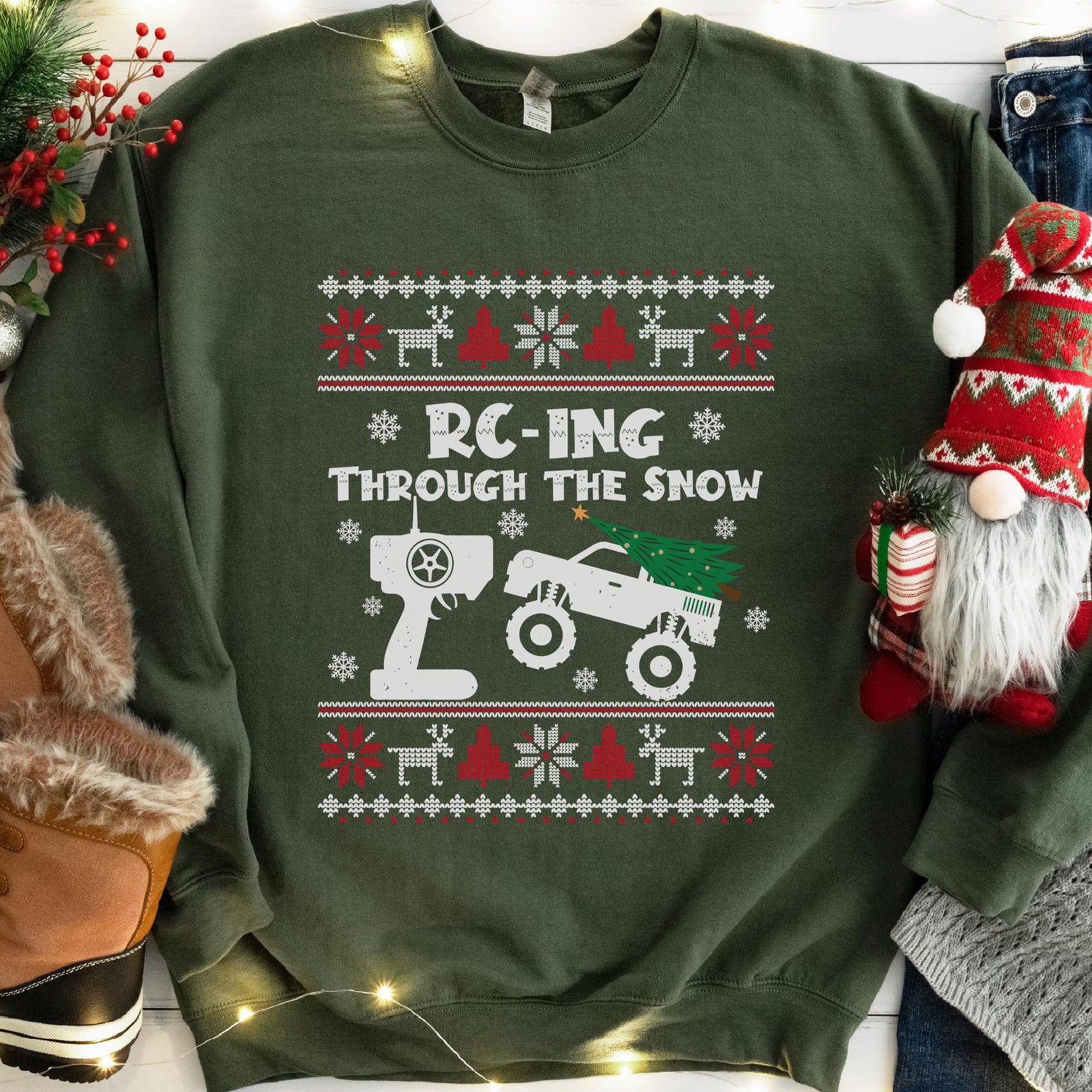 RC-ing Through the Snow Monster Truck Christmas Sweatshirt - Military Green