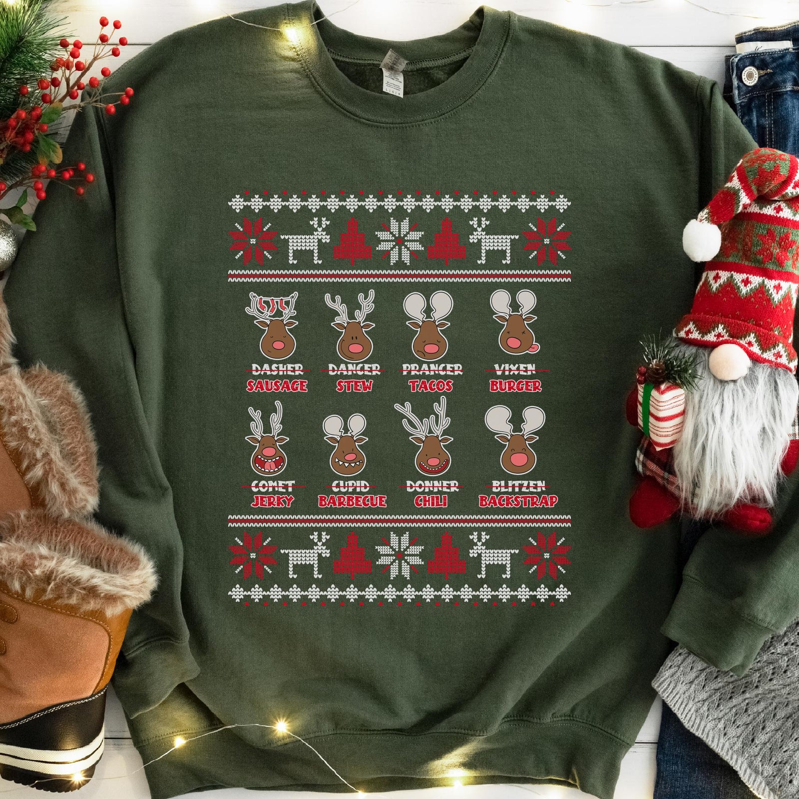 Reindeer Menu Deer Hunting Christmas Sweatshirt - Military Green