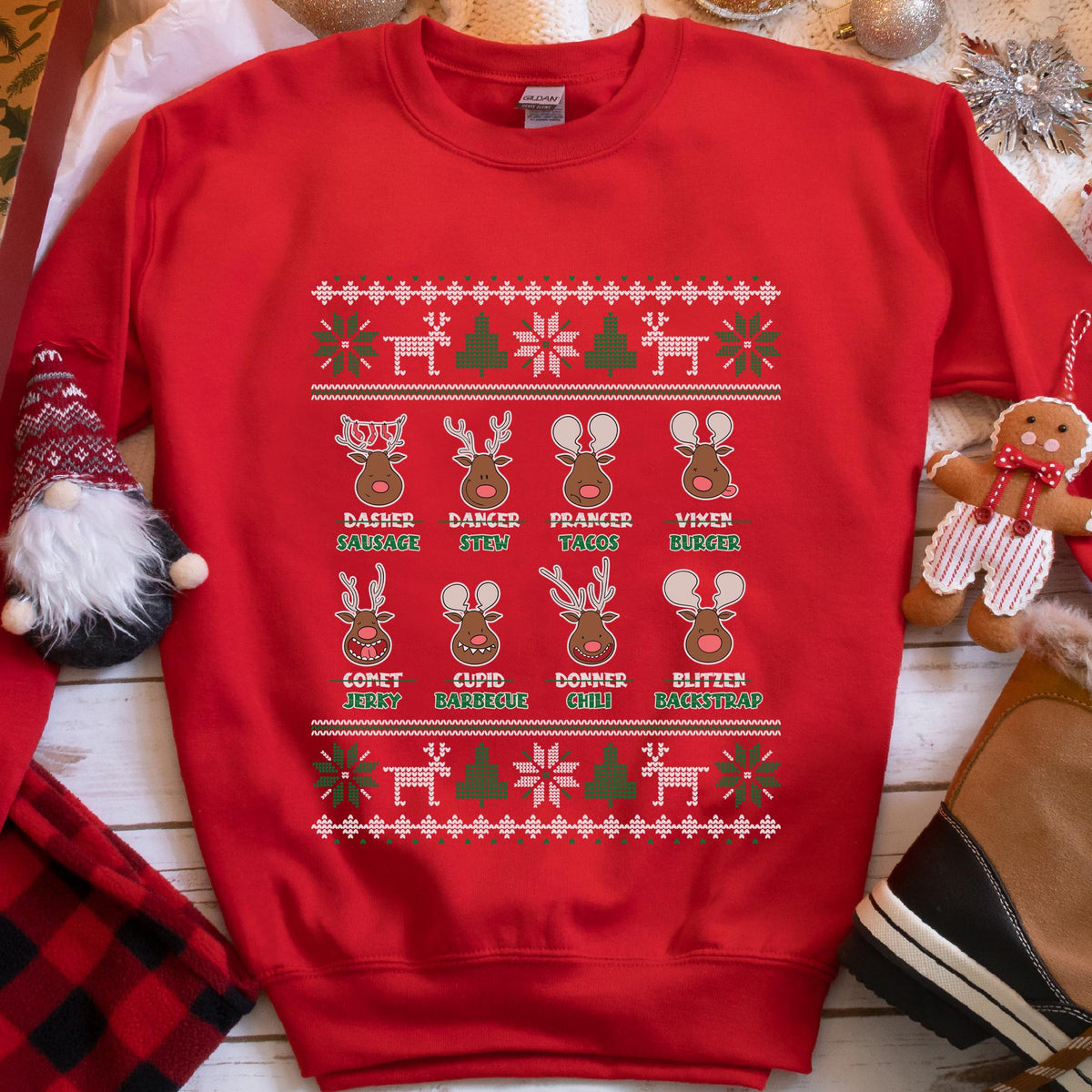 Reindeer Menu Deer Hunting Christmas Sweatshirt - Red