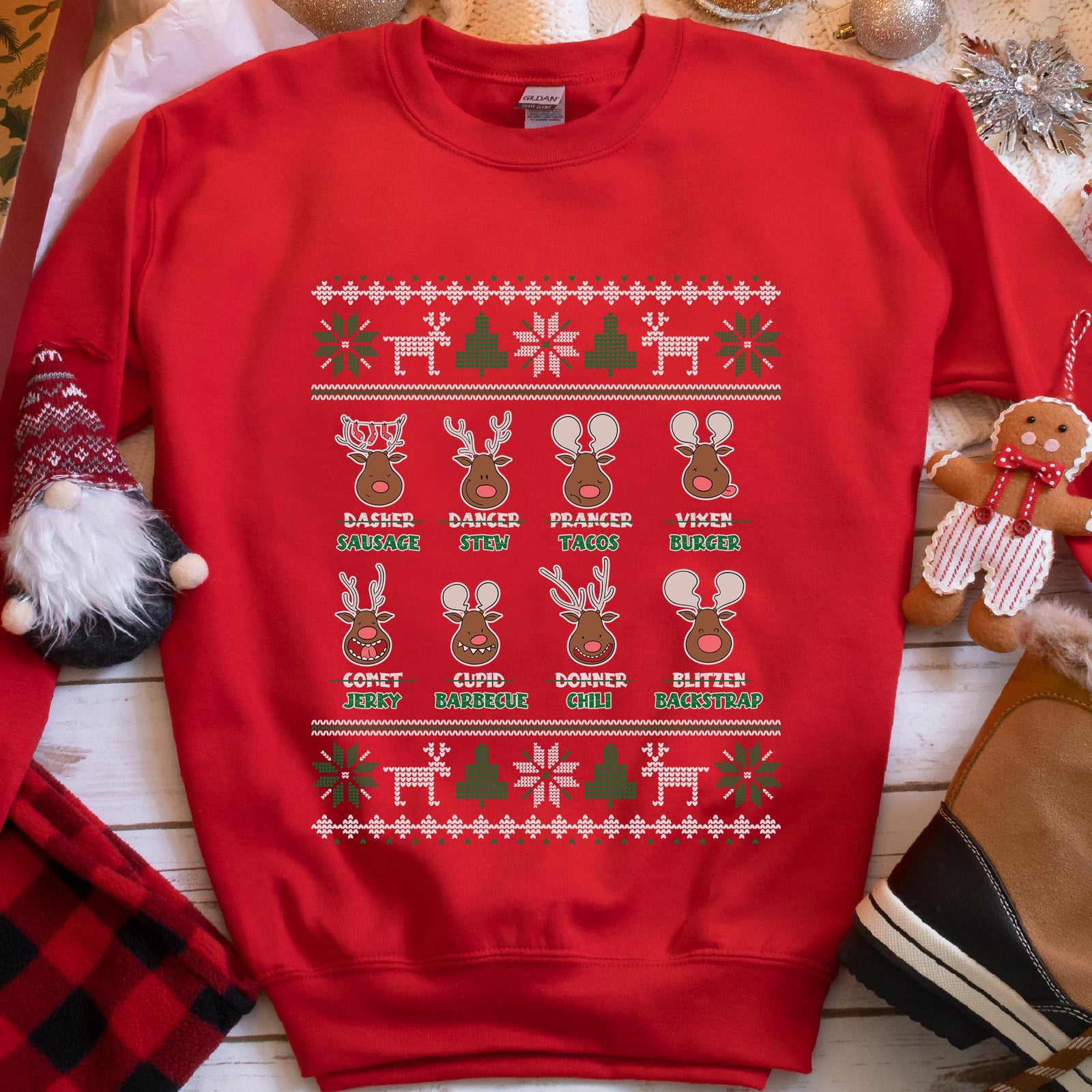 Reindeer Menu Deer Hunting Christmas Sweatshirt - Red