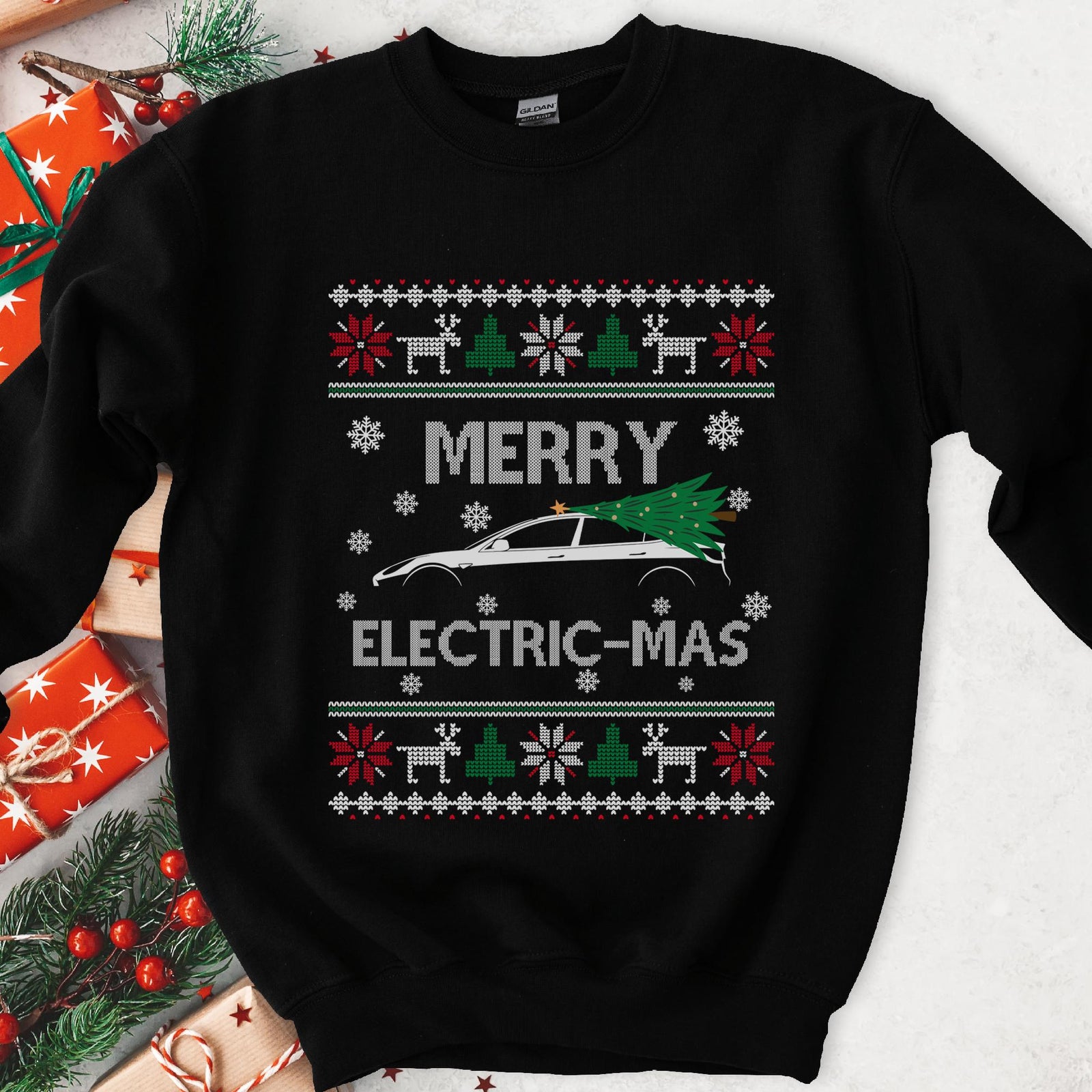 Dark Christmas sweatshirt with an electric car carrying a tree on the roof, MERRY ELECTRIC-MAS, knit borders