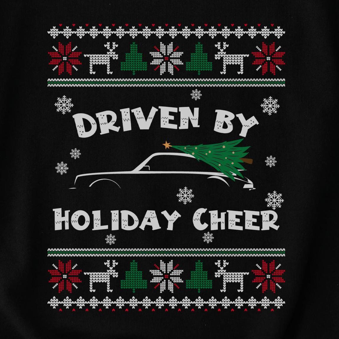Driven by Holiday Cheer Sports Car Christmas Sweatshirt design close-up
