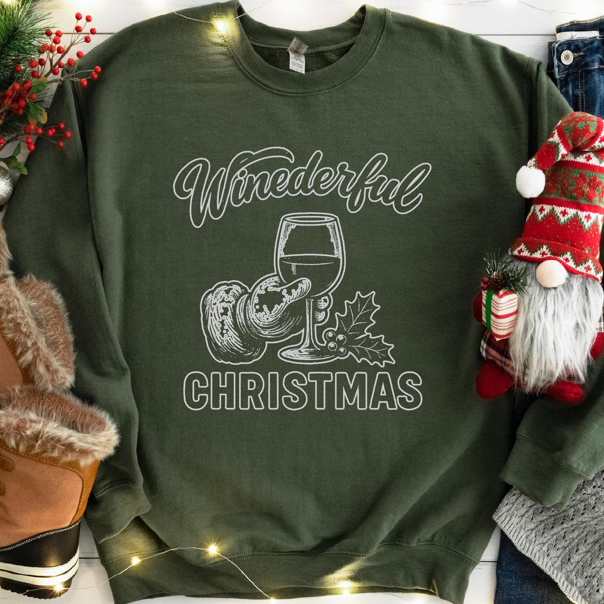 Winederful Christmas Santa Wine Glass Sweatshirt - Military Green