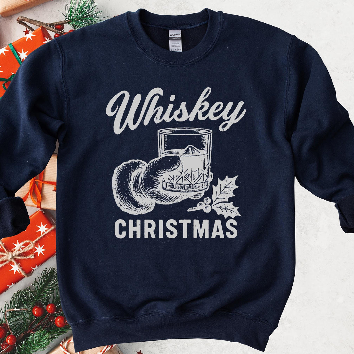 Whiskey Christmas Santa Rocks Glass Sweatshirt - Navy