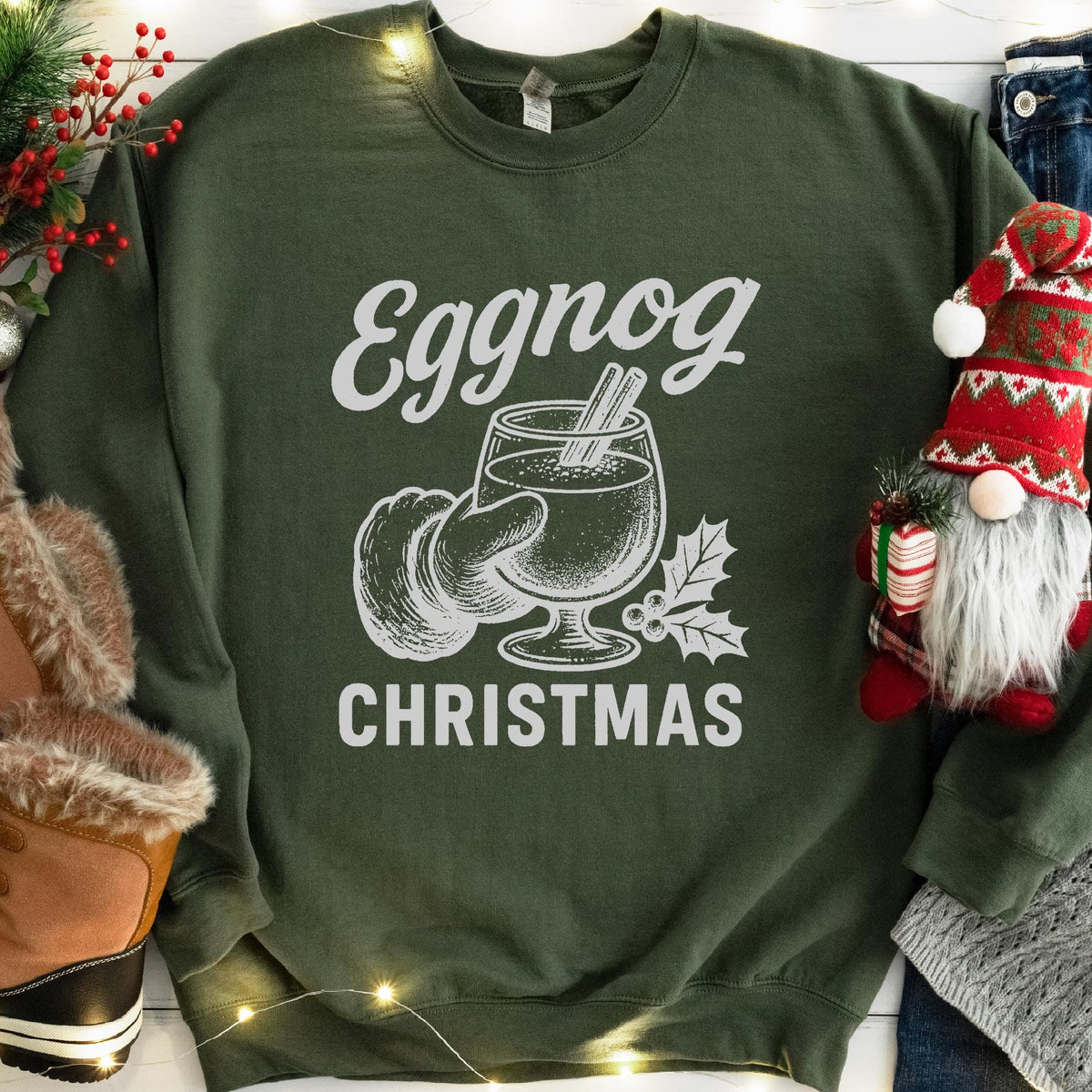 Eggnog Christmas Santa Sweatshirt - Military Green