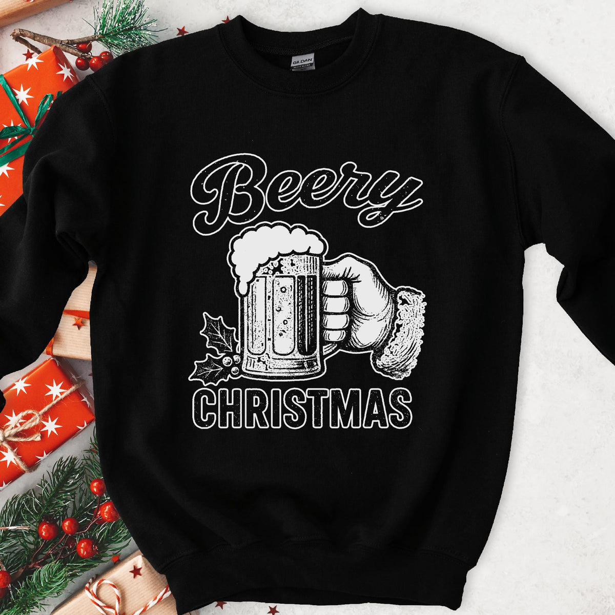 Dark sweatshirt with vintage white art of Santa's hand holding a foamy beer mug and holly, text Beery Christmas