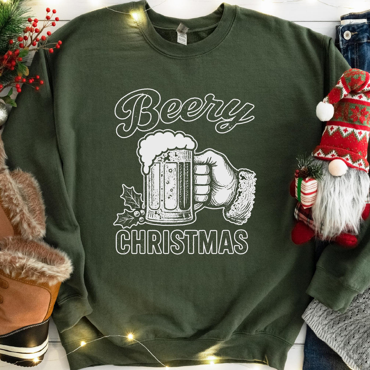 Beery Christmas Santa Beer Mug Sweatshirt - Military Green