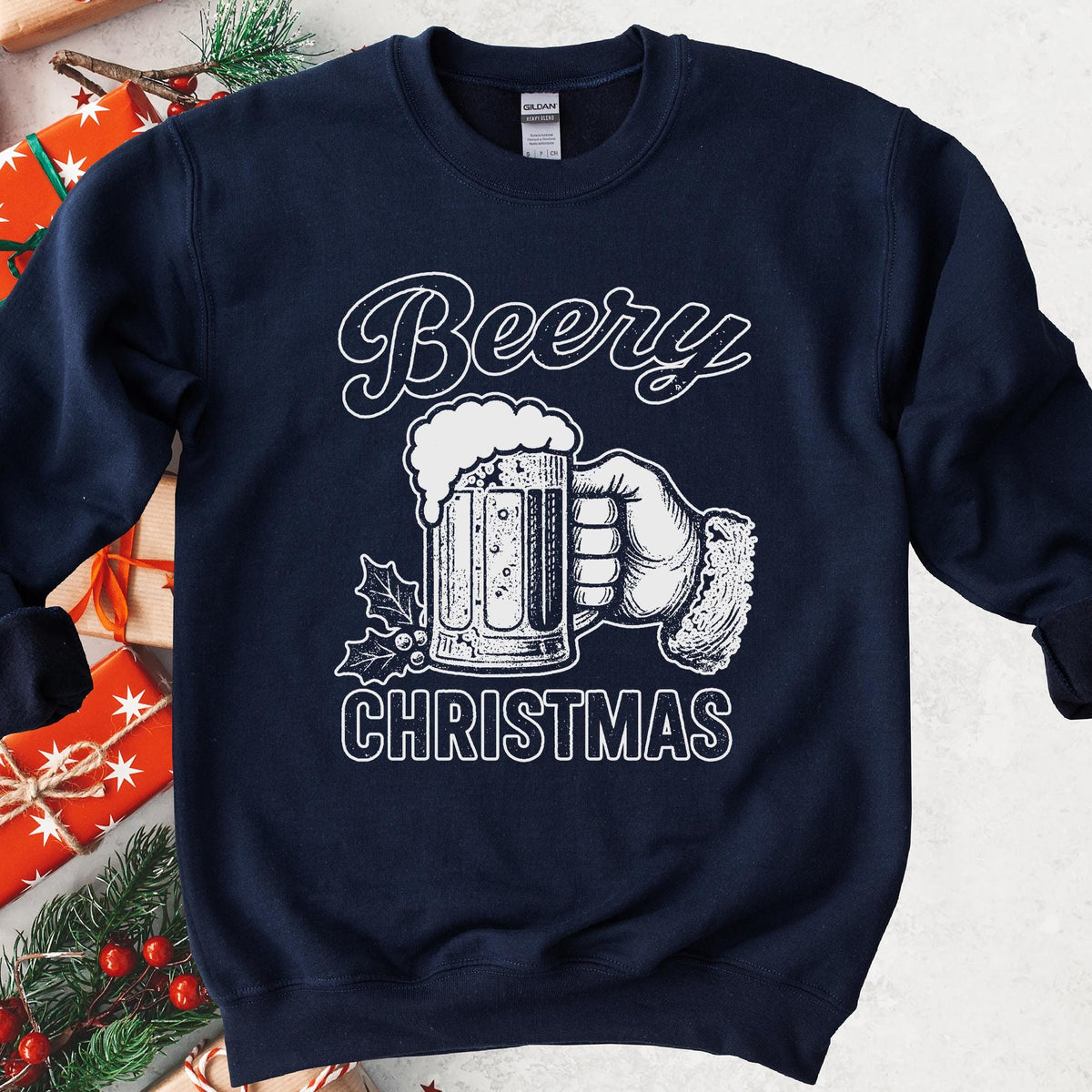 Beery Christmas Santa Beer Mug Sweatshirt - Navy