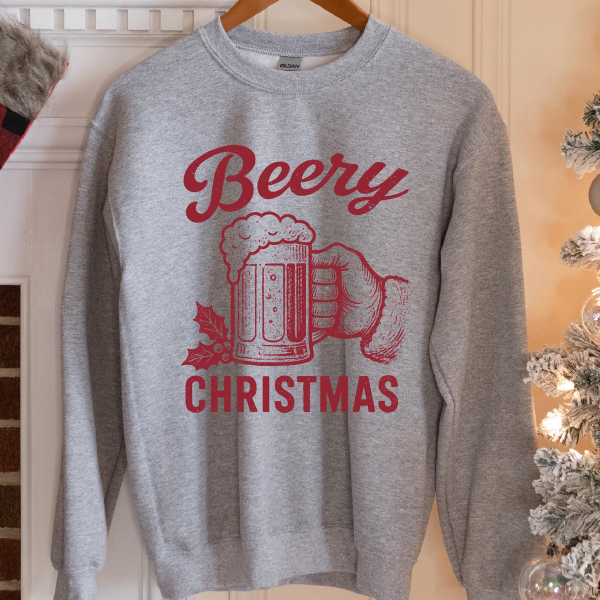 Beery Christmas Santa Beer Mug Sweatshirt - Sport Grey