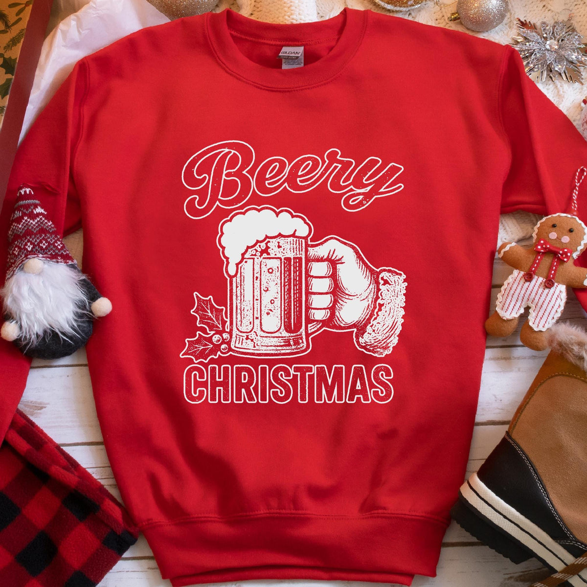 Beery Christmas Santa Beer Mug Sweatshirt - Red
