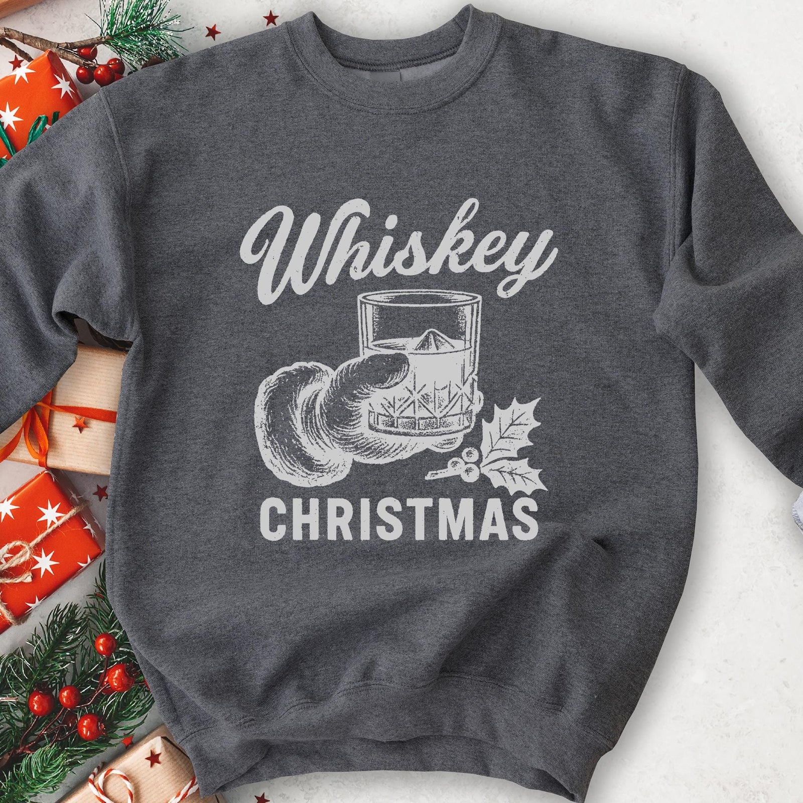 Whiskey Christmas Santa Rocks Glass Sweatshirt - Dark Heather