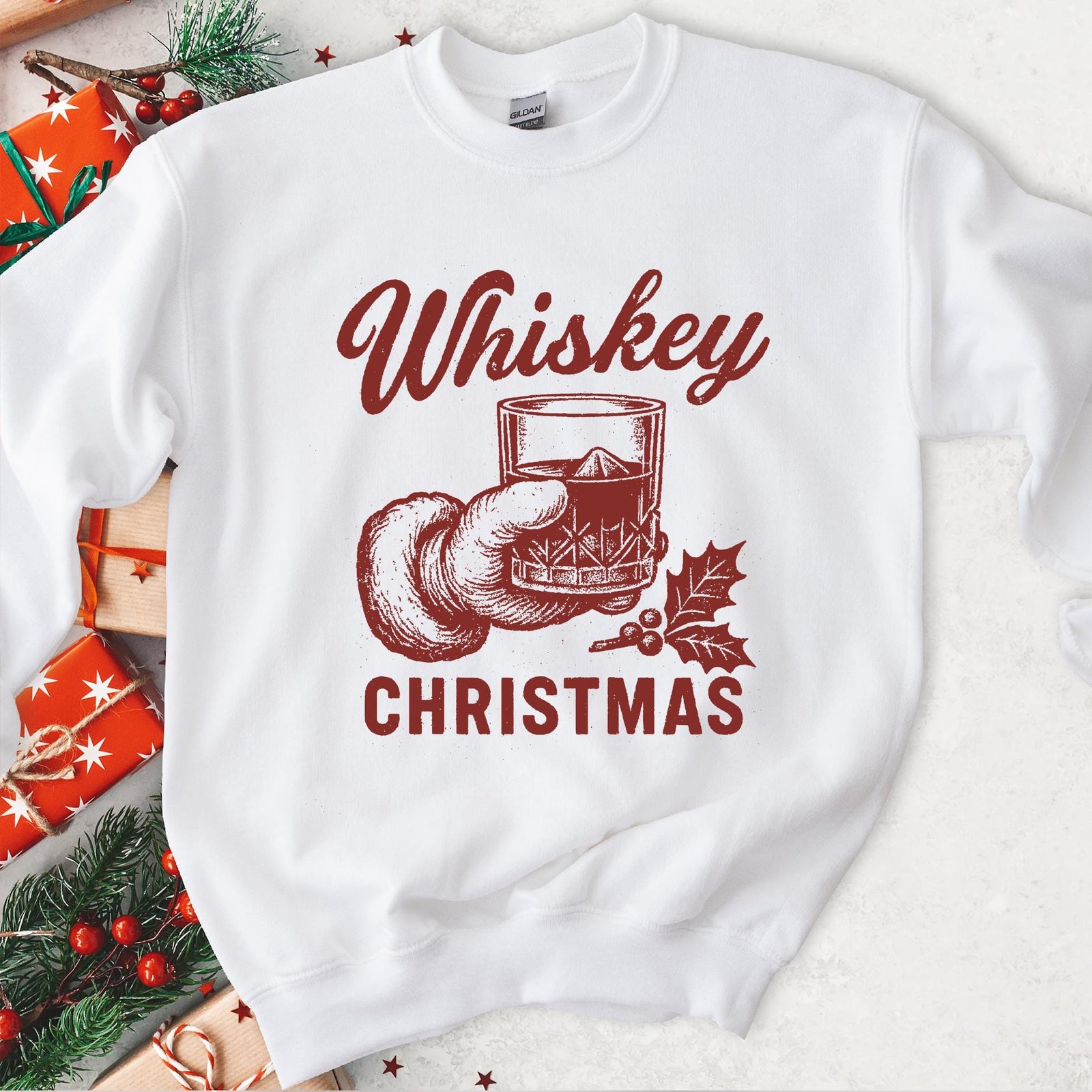 Whiskey Christmas Santa Rocks Glass Sweatshirt - White