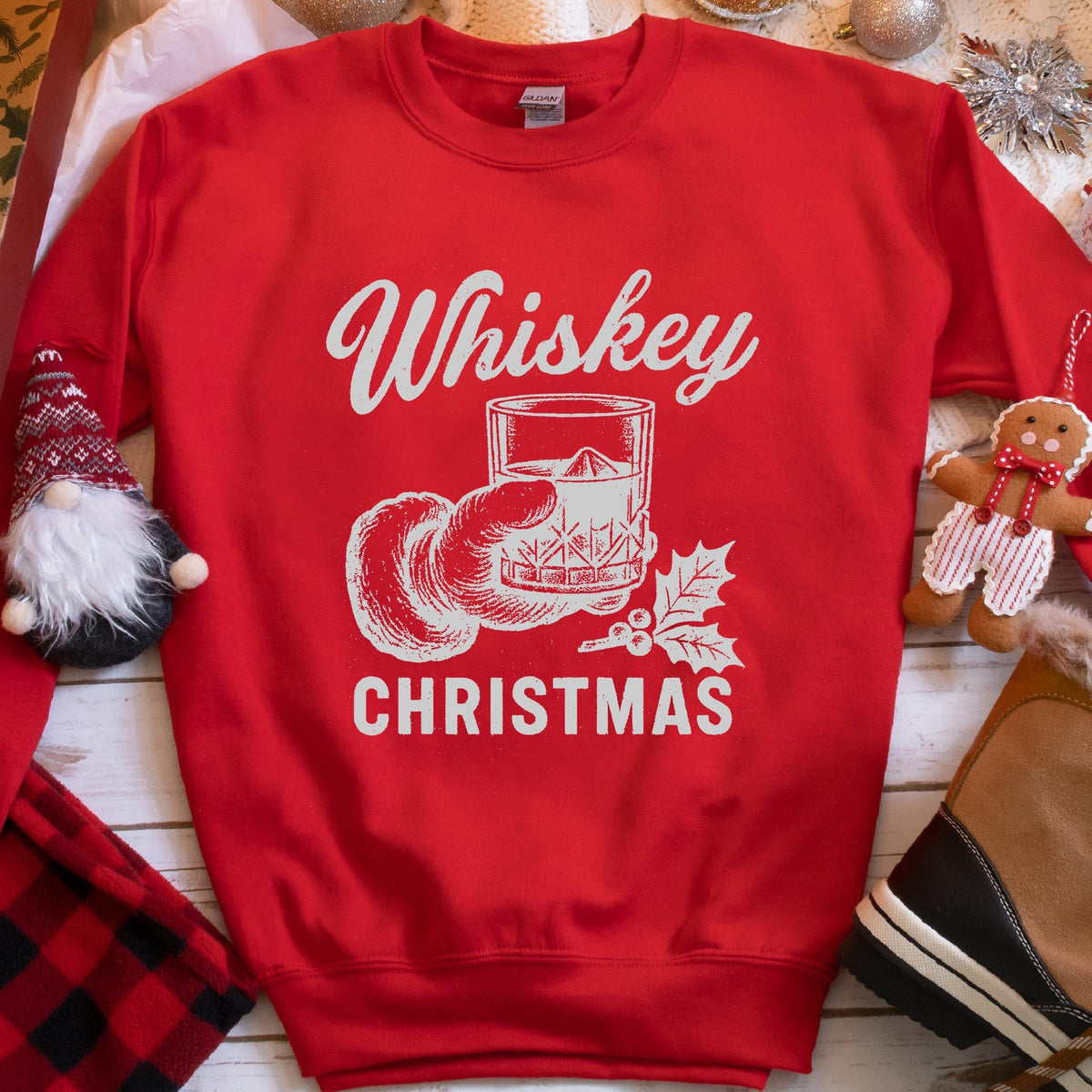 Whiskey Christmas Santa Rocks Glass Sweatshirt - Red