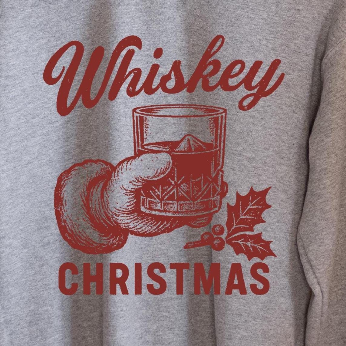 Whiskey Christmas Santa Rocks Glass Sweatshirt design close-up