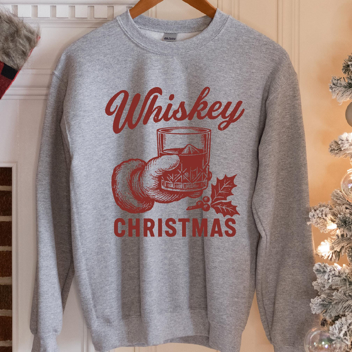 Whiskey Christmas Santa Rocks Glass Sweatshirt - Sport Grey