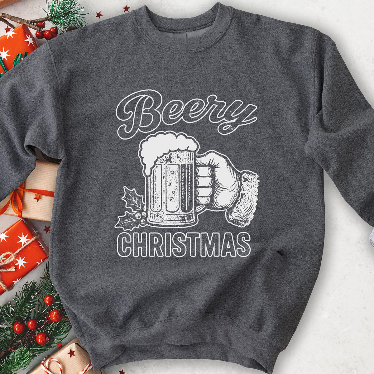 Beery Christmas Santa Beer Mug Sweatshirt - Dark Heather