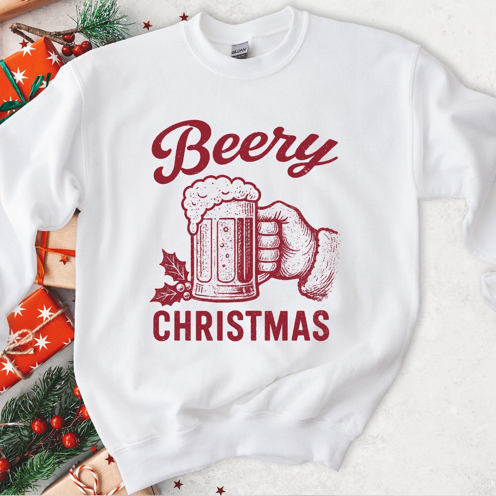 Beery Christmas Santa Beer Mug Sweatshirt - White