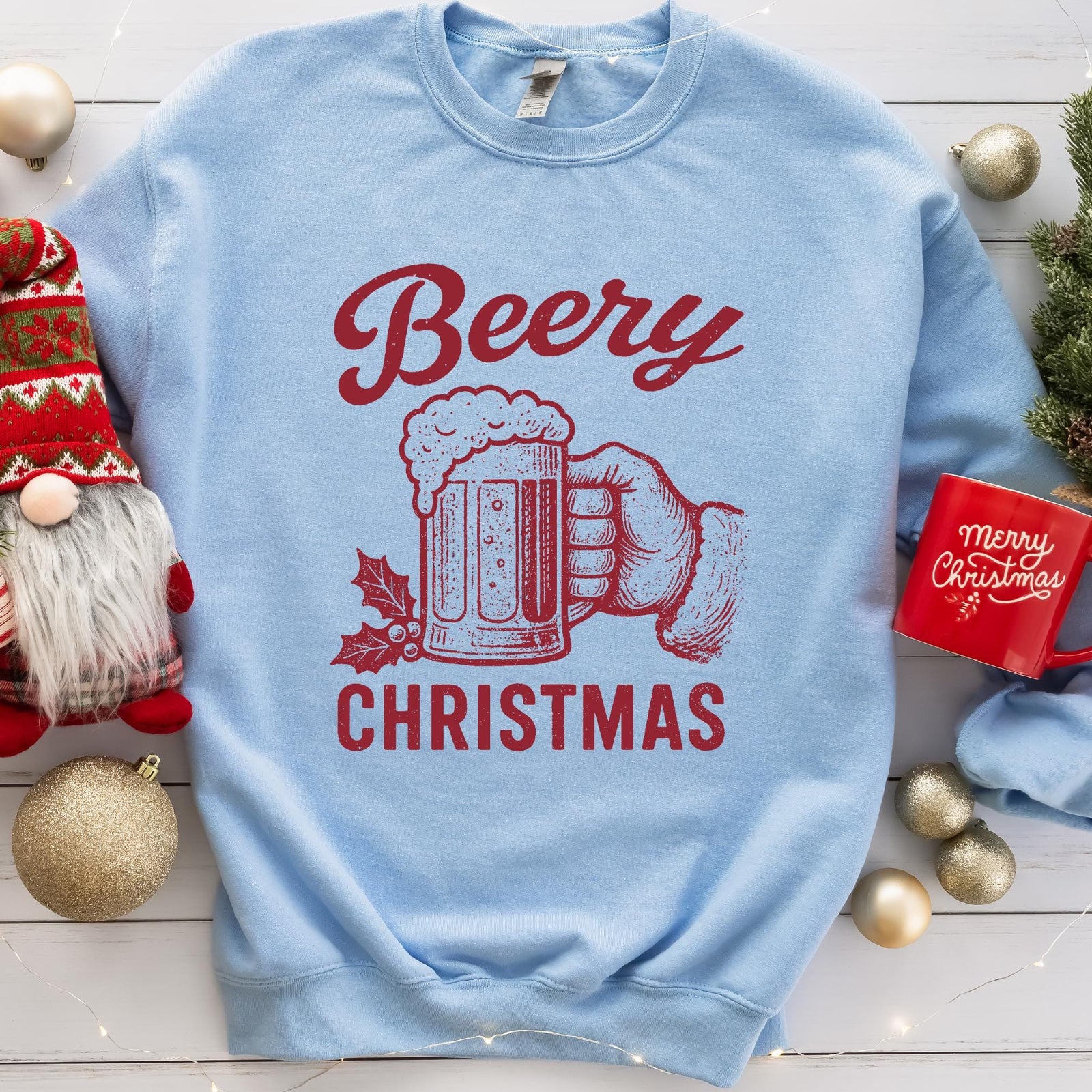 Beery Christmas Santa Beer Mug Sweatshirt - Light Blue