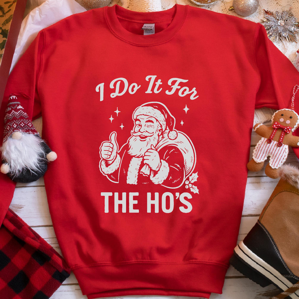 Red sweatshirt with an I Do It for the Ho's print: a grinning Santa with his gift sack giving a thumbs up
