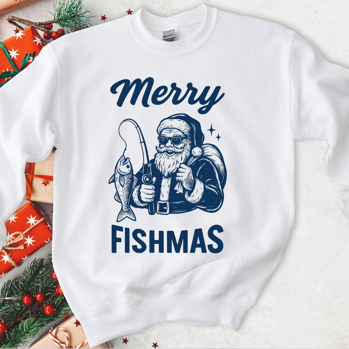 Merry Fishmas Santa Fishing Christmas Sweatshirt - White