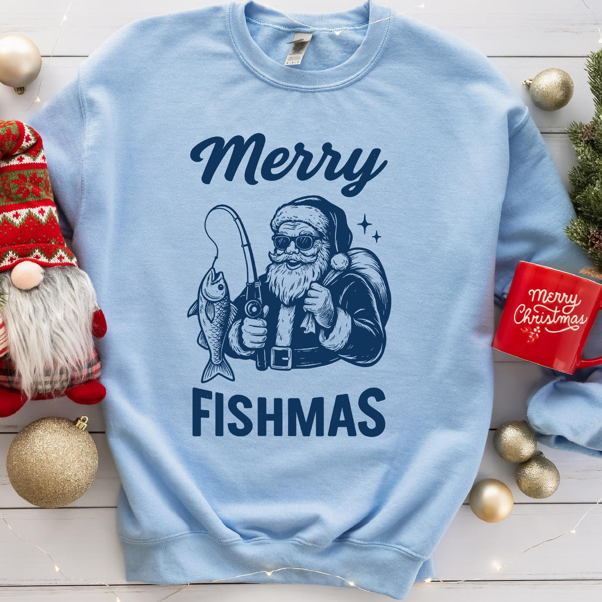 Merry Fishmas Santa Fishing Christmas Sweatshirt - Light Blue