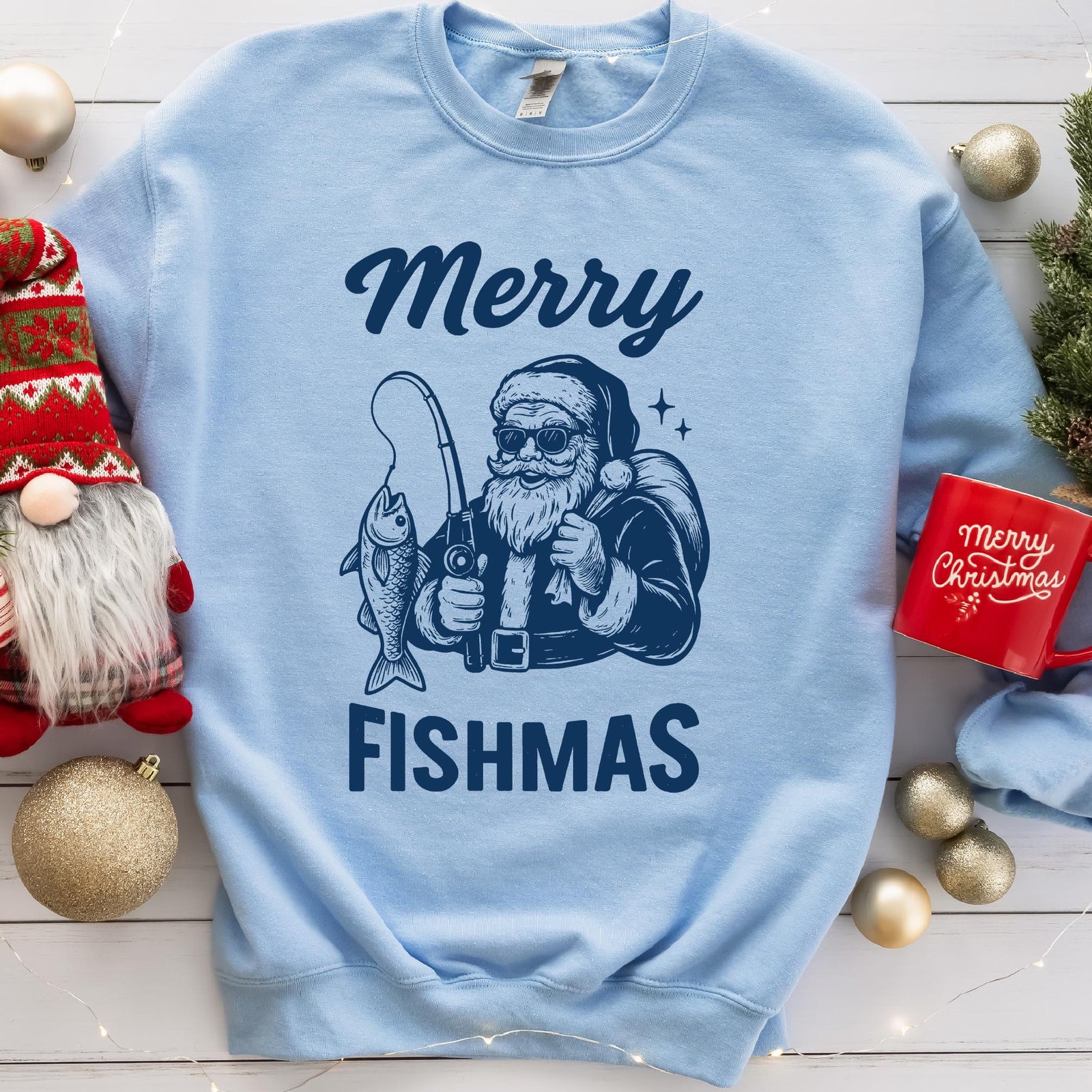Merry Fishmas Santa Fishing Christmas Sweatshirt - Light Blue
