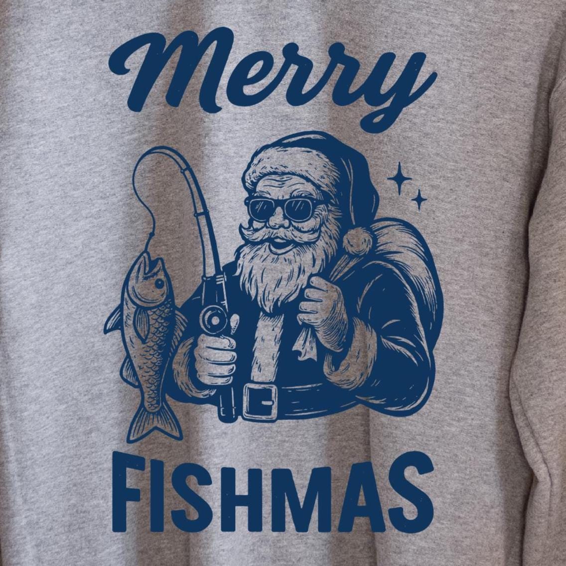 Merry Fishmas Santa Fishing Christmas Sweatshirt design close-up