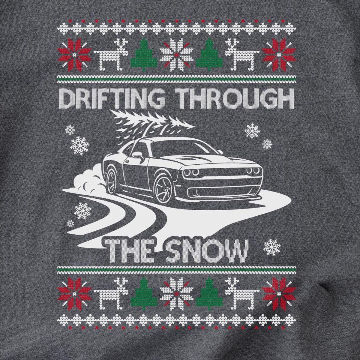 Drifting Through the Snow Widebody Muscle Car Sweatshirt design close-up