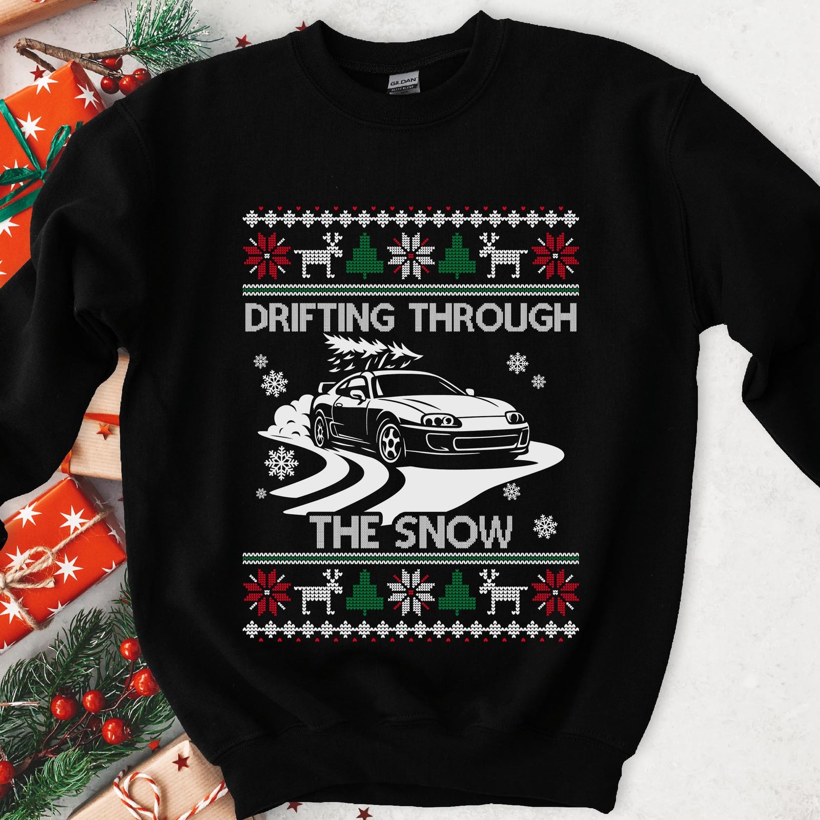 Drift Car Ugly Christmas Sweatshirt | Drifting Through the Snow Car Enthusiast Gift