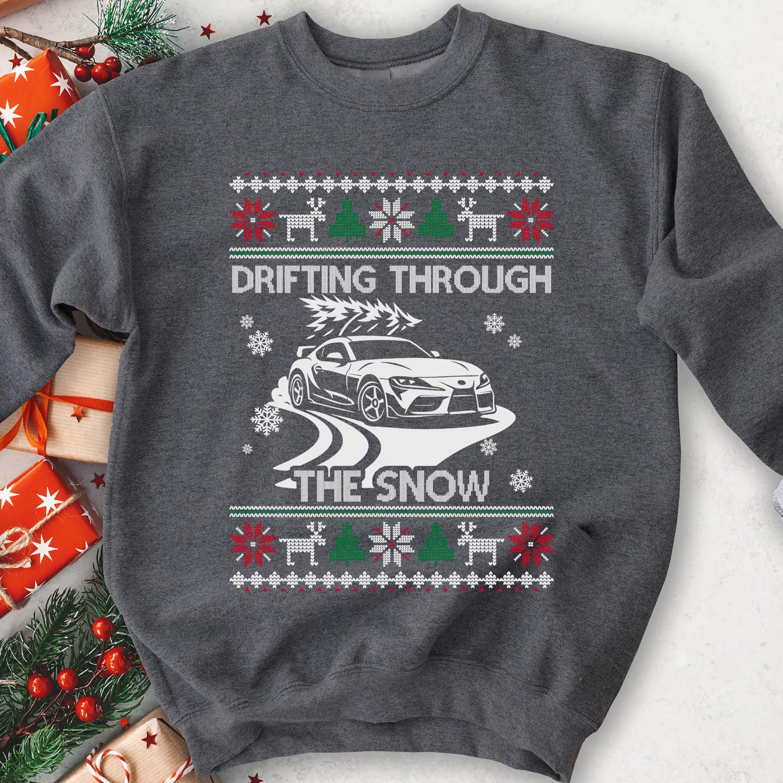 Drift Car Ugly Christmas Sweatshirt | Drifting Through the Snow Car Enthusiast Gift