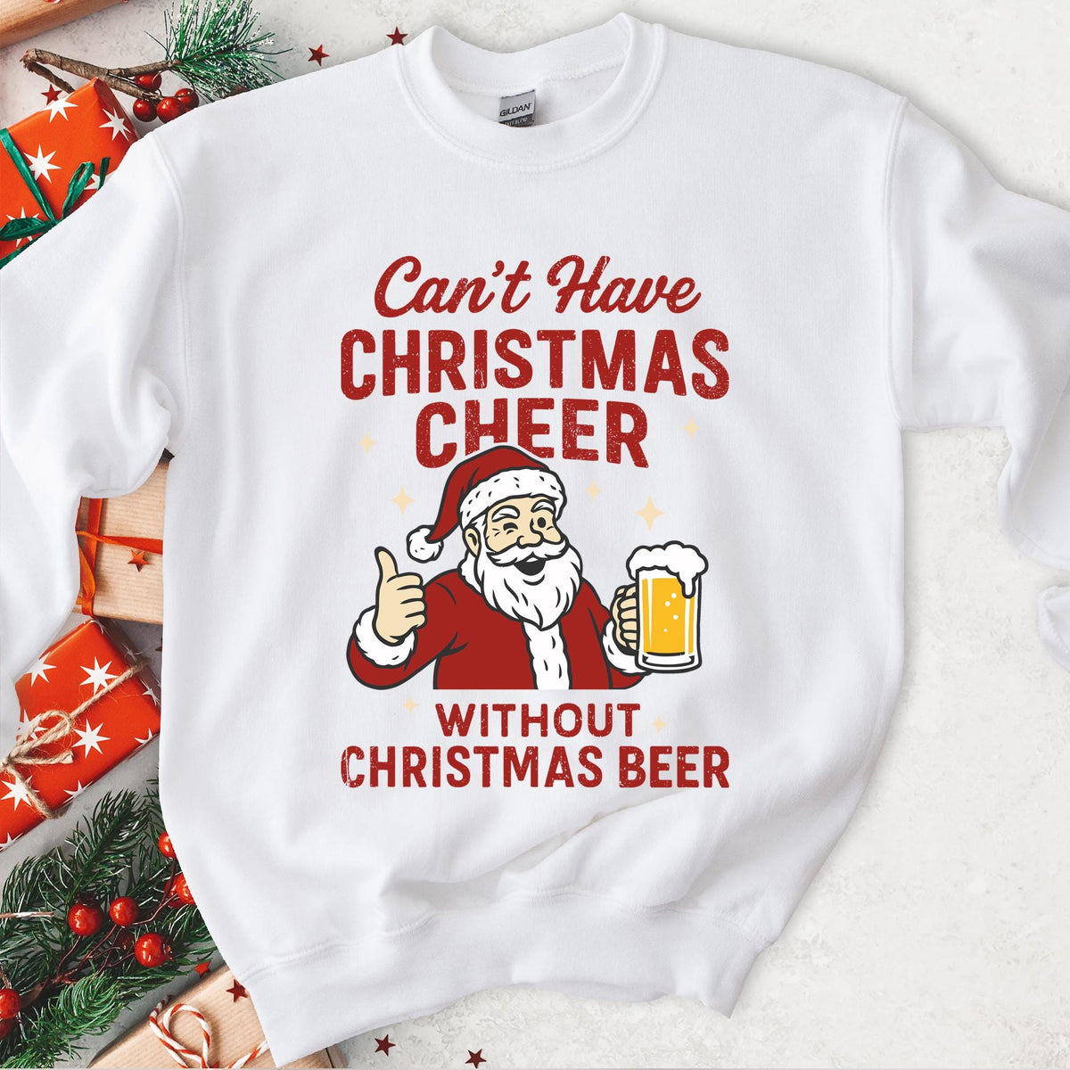 Can't Have Cheer Without Beer Christmas Sweatshirt - White