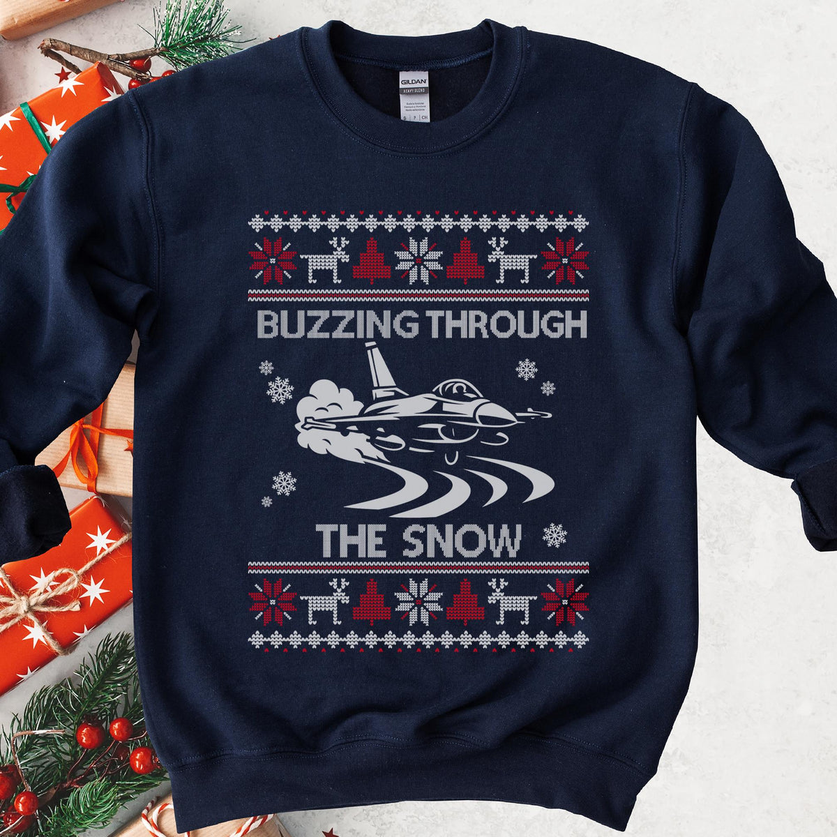 Buzzing Through the Snow Fighter Jet Christmas Sweatshirt - Navy