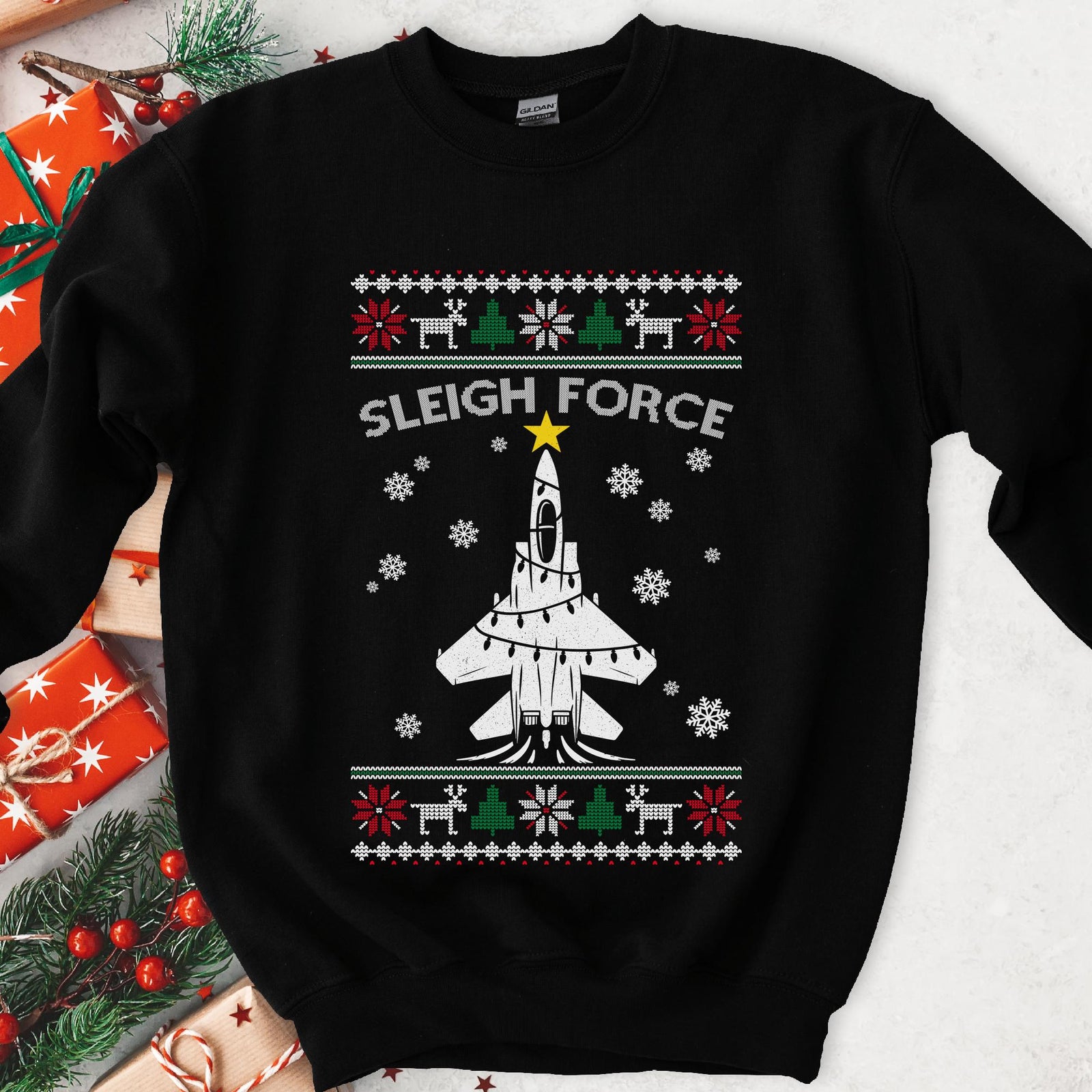 Dark Christmas sweatshirt with a fighter jet wrapped in lights like a tree, SLEIGH FORCE, ugly sweater knit borders