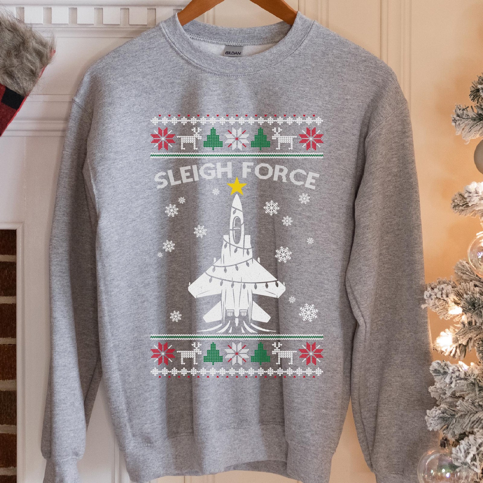 Sleigh Force Fighter Jet Christmas Sweatshirt - Sport Grey